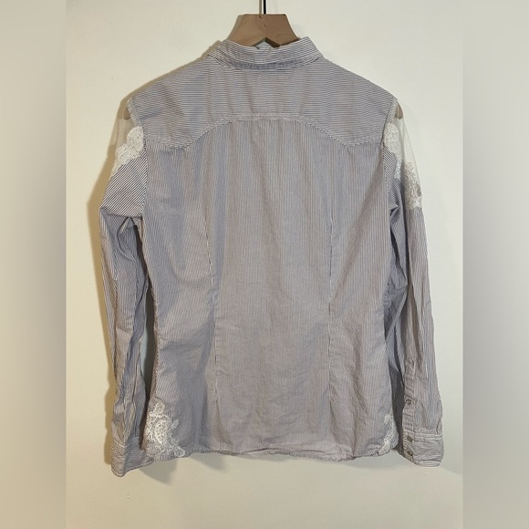 GUESS Striped Sheer Long Sleeve Button Down Western Shirt Sz Lg Pearl Snap Lace - Picture 6 of 12
